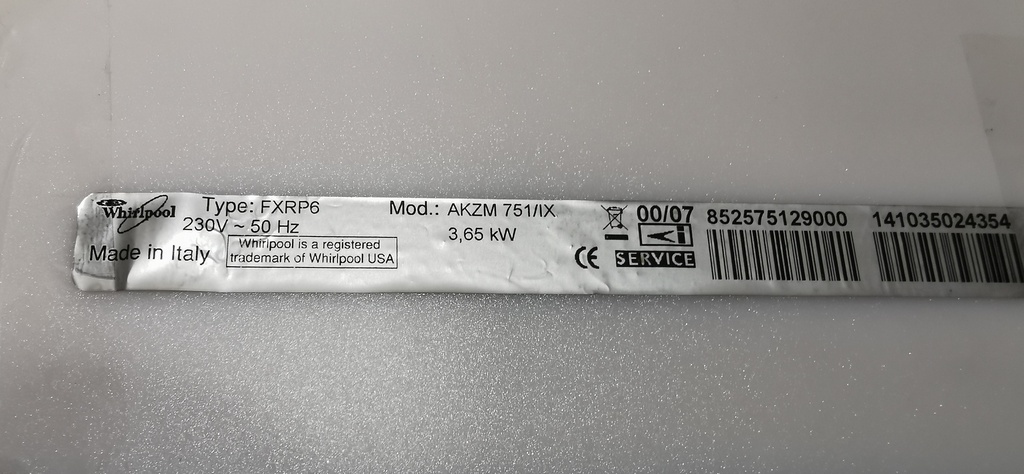 WHIRLPOOL TYPE FXTP6 MOD AKZM 751-IX KLIXON 270°C